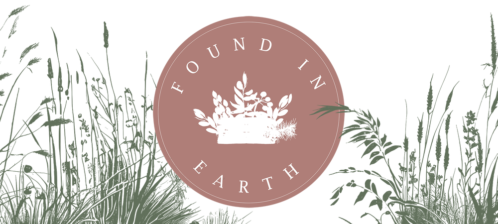 Graphic image of green foliage around a dusky pink circle containing the Found Earth Logo