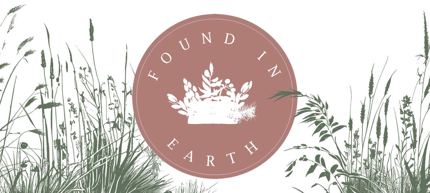 Graphic image of green foliage around a dusky pink circle containing the Found Earth Logo