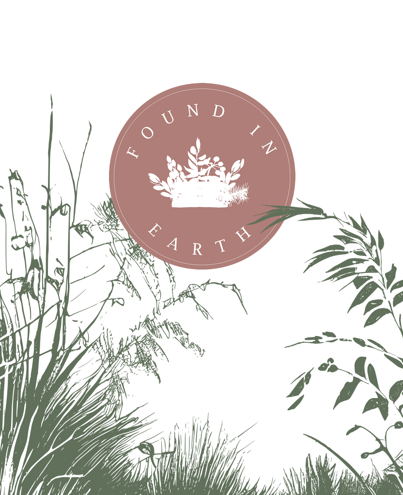 Found in Earth logo in dusty pink with green illustrated grasses and leaves