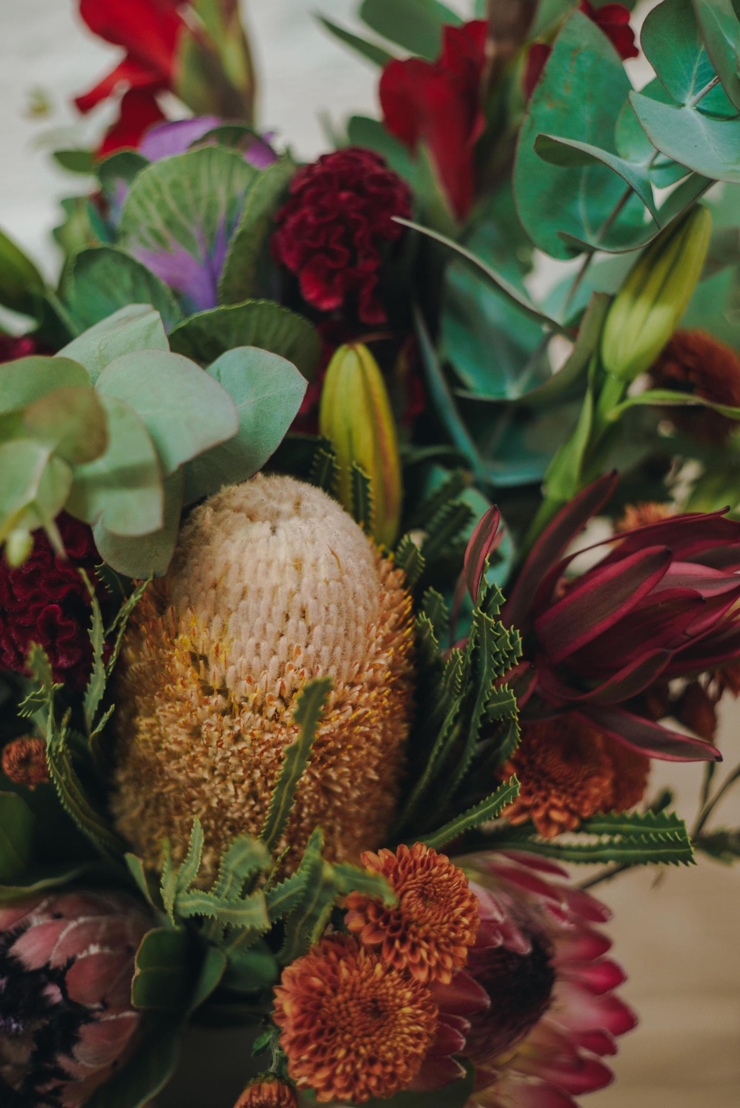 Close up of banksia flower in bouquet